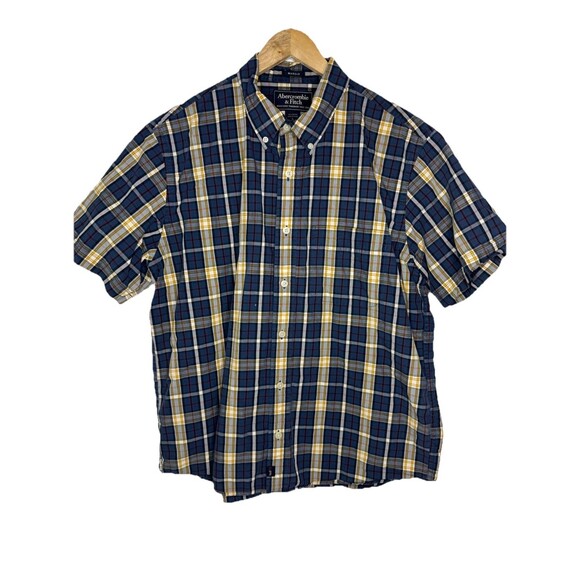 Abercrombie & Fitch Muscle Shirt Button Up Blue Plaid Short Sleeve Mens Size L - Picture 1 of 12